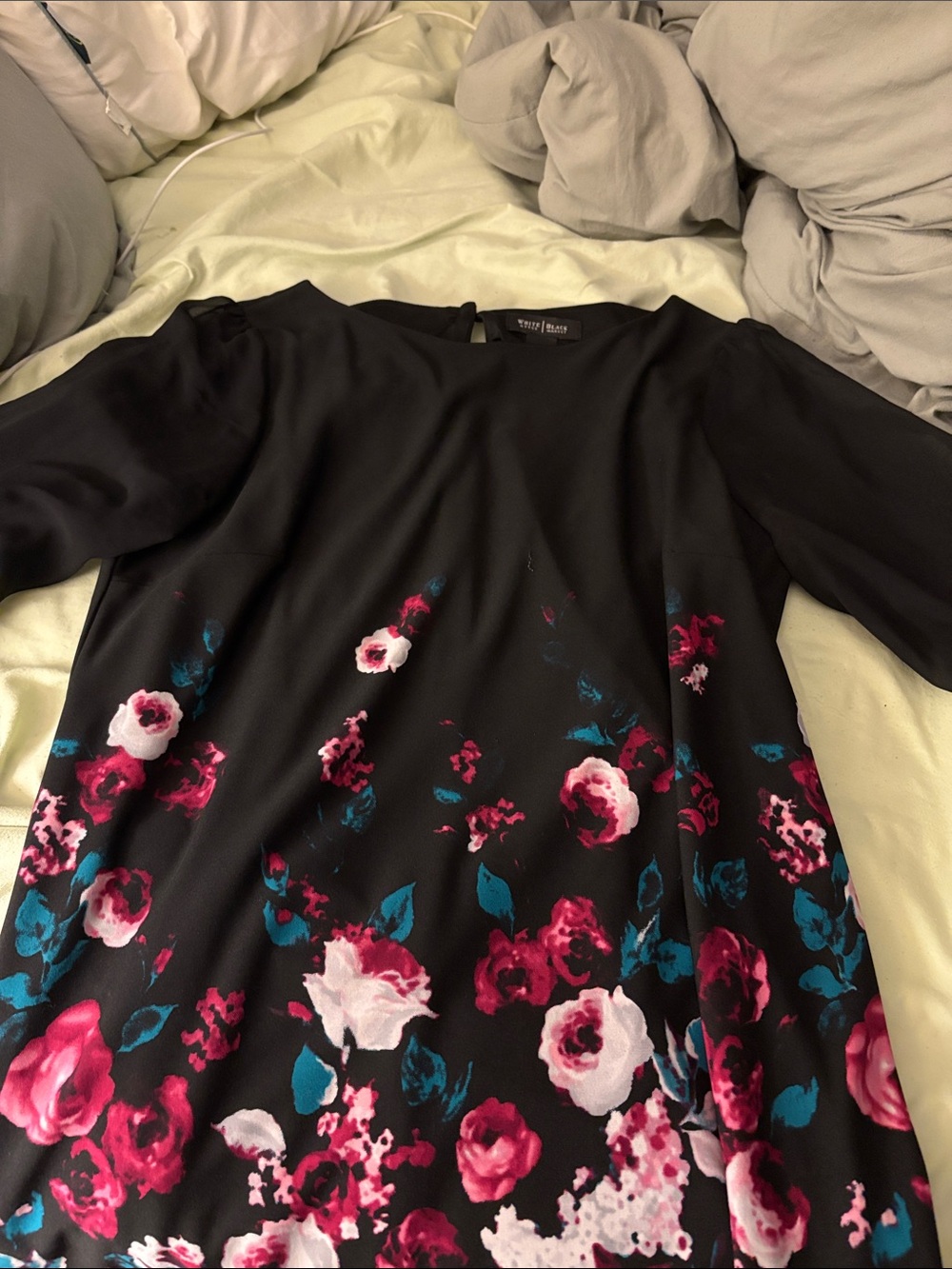 White House Black Market Black Tunic with Pink & Teal Floral Print
